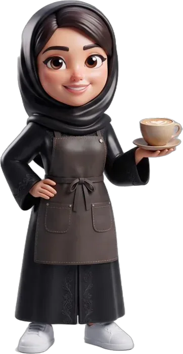 Noora, café owner, holding a latte